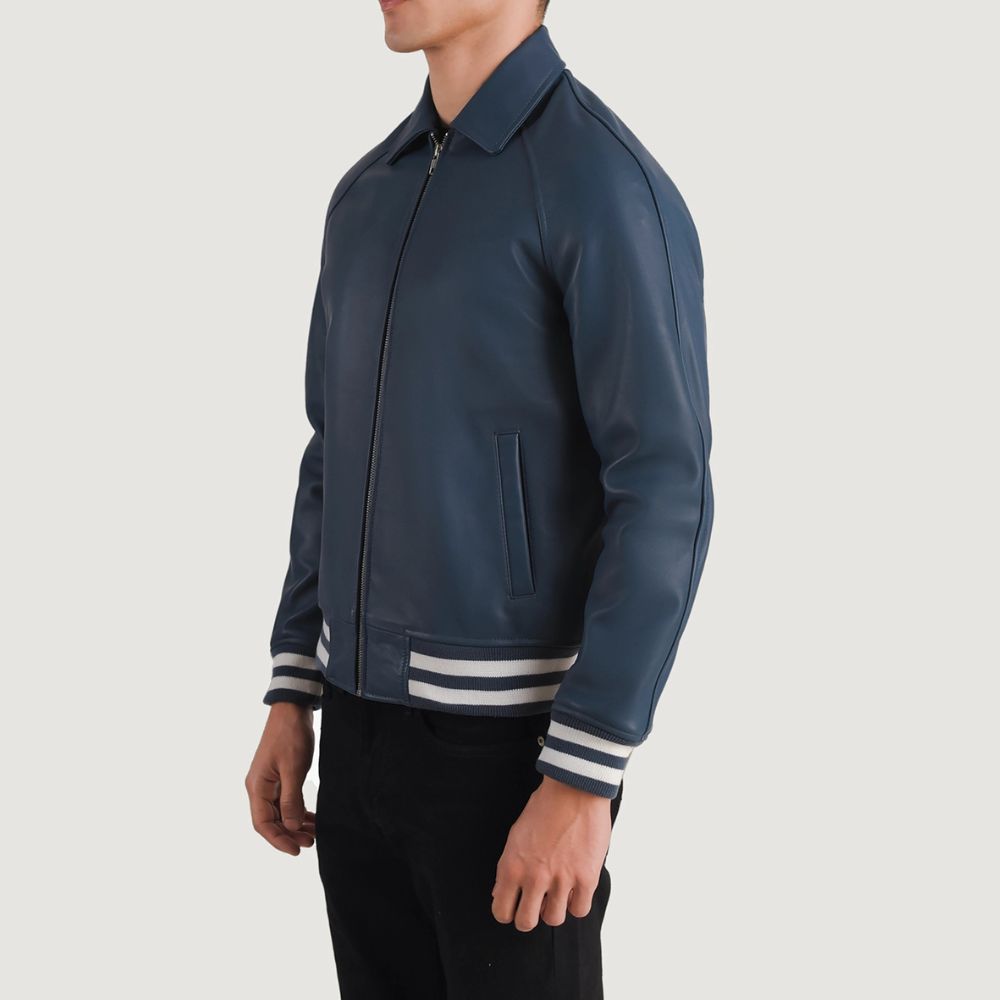 Clay Blue Leather Varsity Jacket