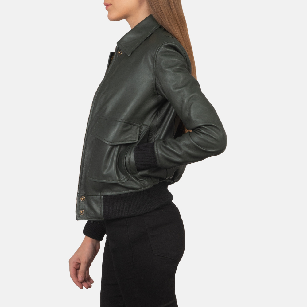 Elena Green Leather Bomber Jacket