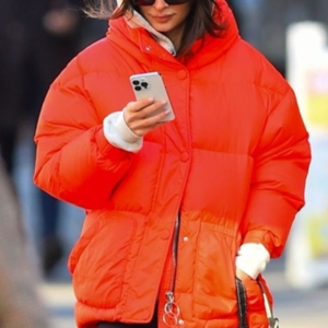 Emily Ratajkowski Red Puffer Jacket