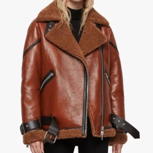 Hazel Brown Oversized Shearling Aviator Jacket