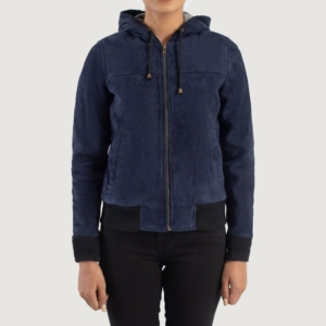 Ruby Blue Hooded Suede Bomber Jacket