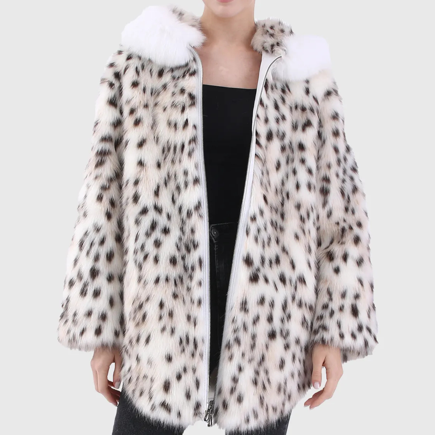 Eva Black & White Lynx Fur Coat With Hood