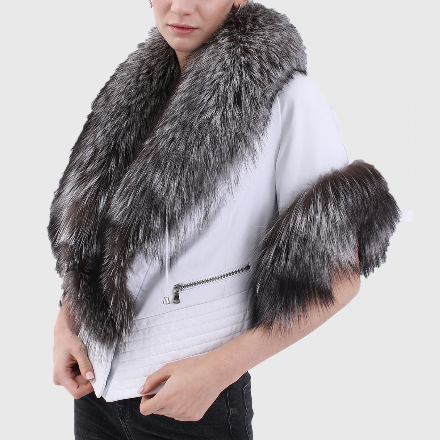 Hazel Black & White Genuine Fox Fur Trim Jacket