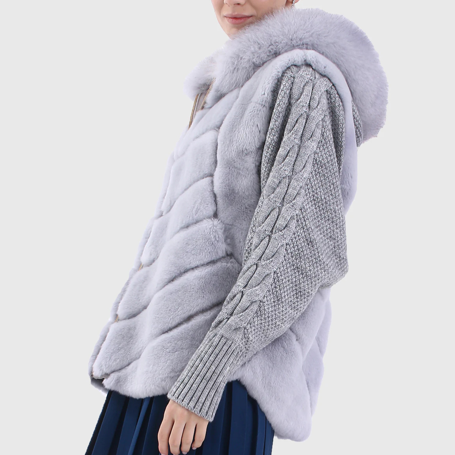 Marine Women Silver Trimmed Rex Rabbit Hooded Fur Jacket with Fox Fur Collar