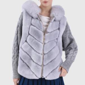 Marine Women Silver Trimmed Rex Rabbit Hooded Fur Jacket with Fox Fur Collar