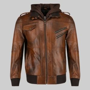 Mark Men’s Brown Hooded Biker Leather Jacket