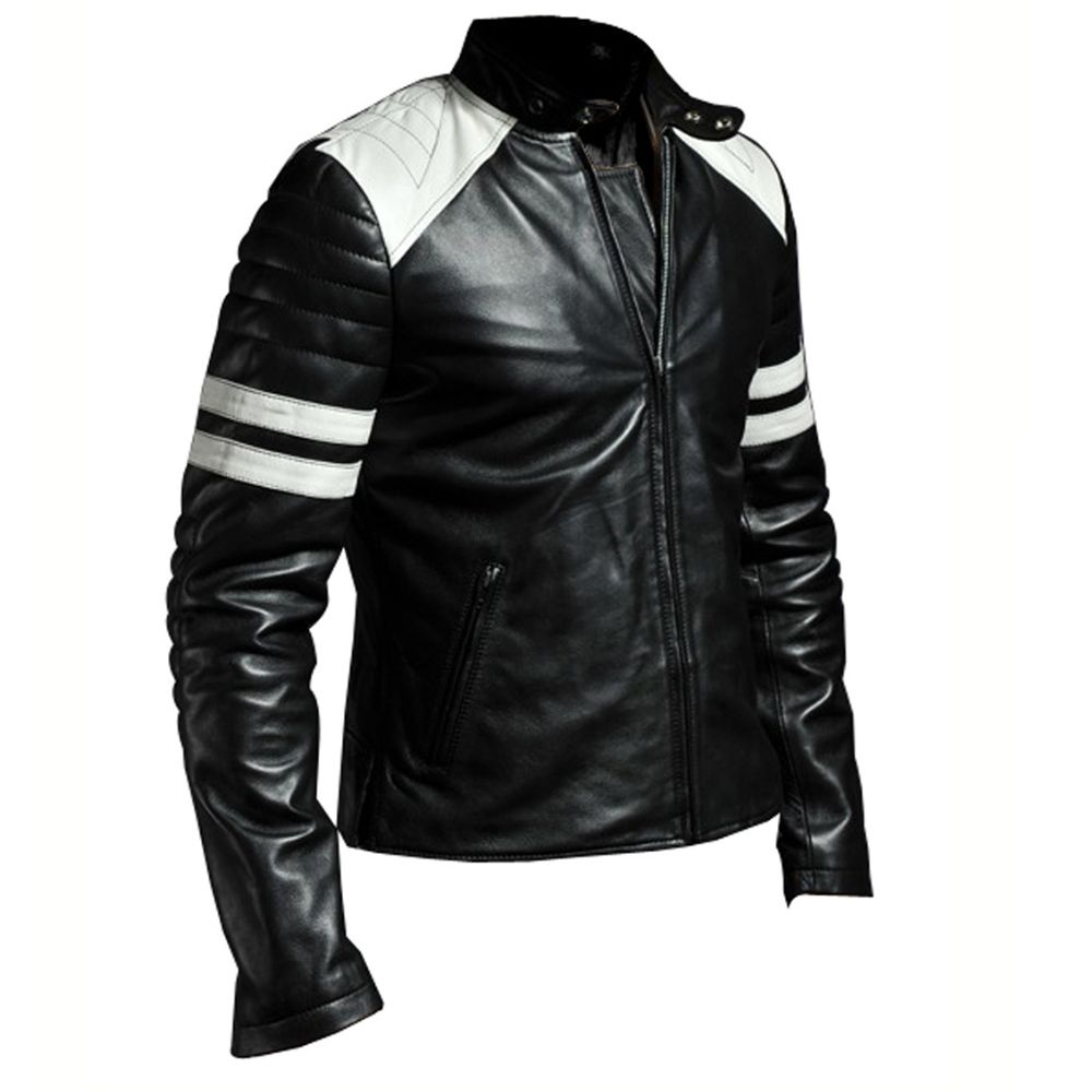 Men’s White Striped Black Cafe Racer Bikers Jacket