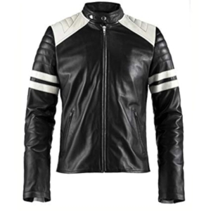 Men’s White Striped Black Cafe Racer Bikers Jacket