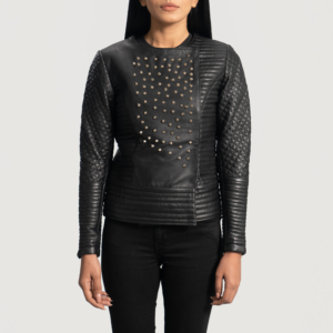 Olivia Studded Black Leather Quilted Jacket