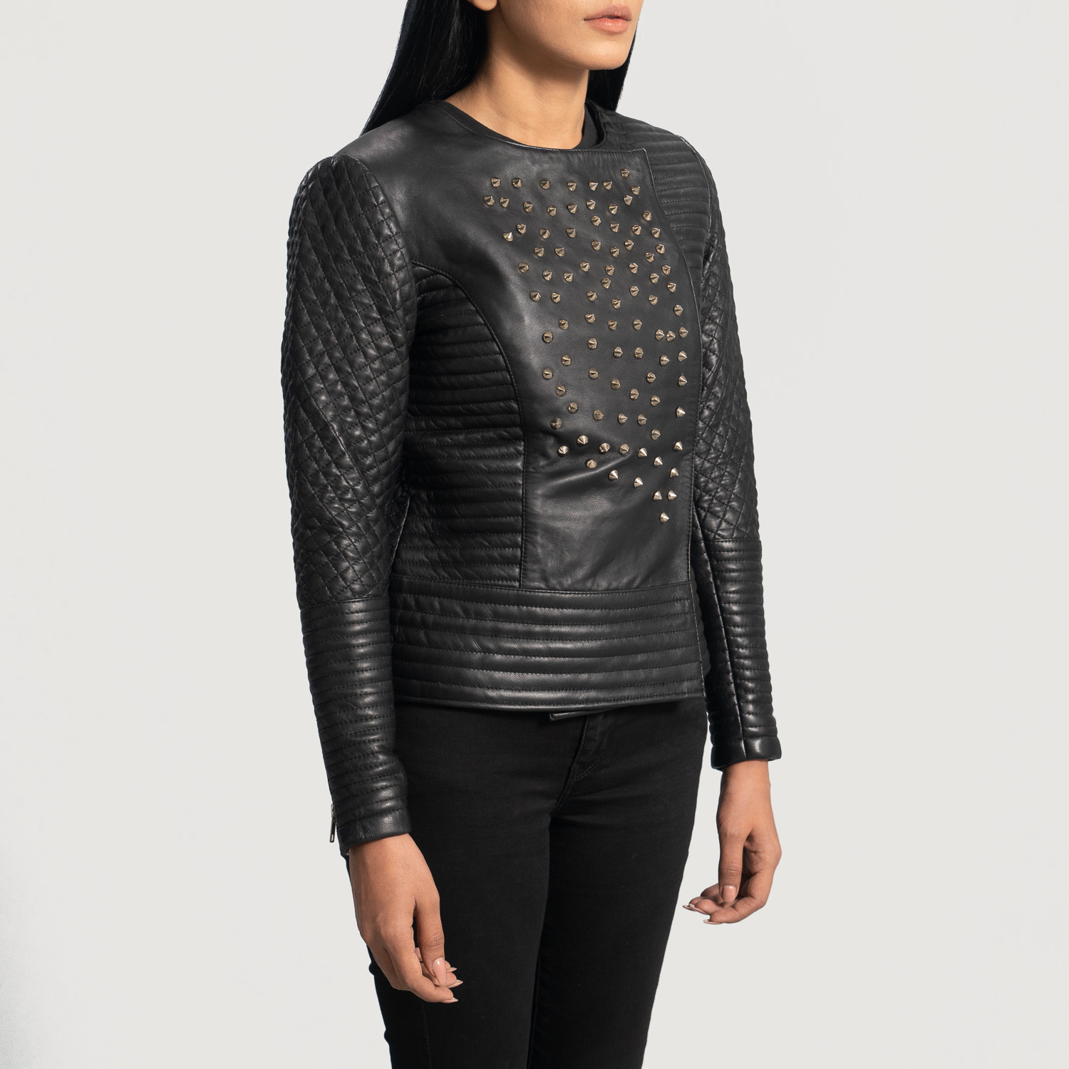 Olivia Studded Black Leather Quilted Jacket